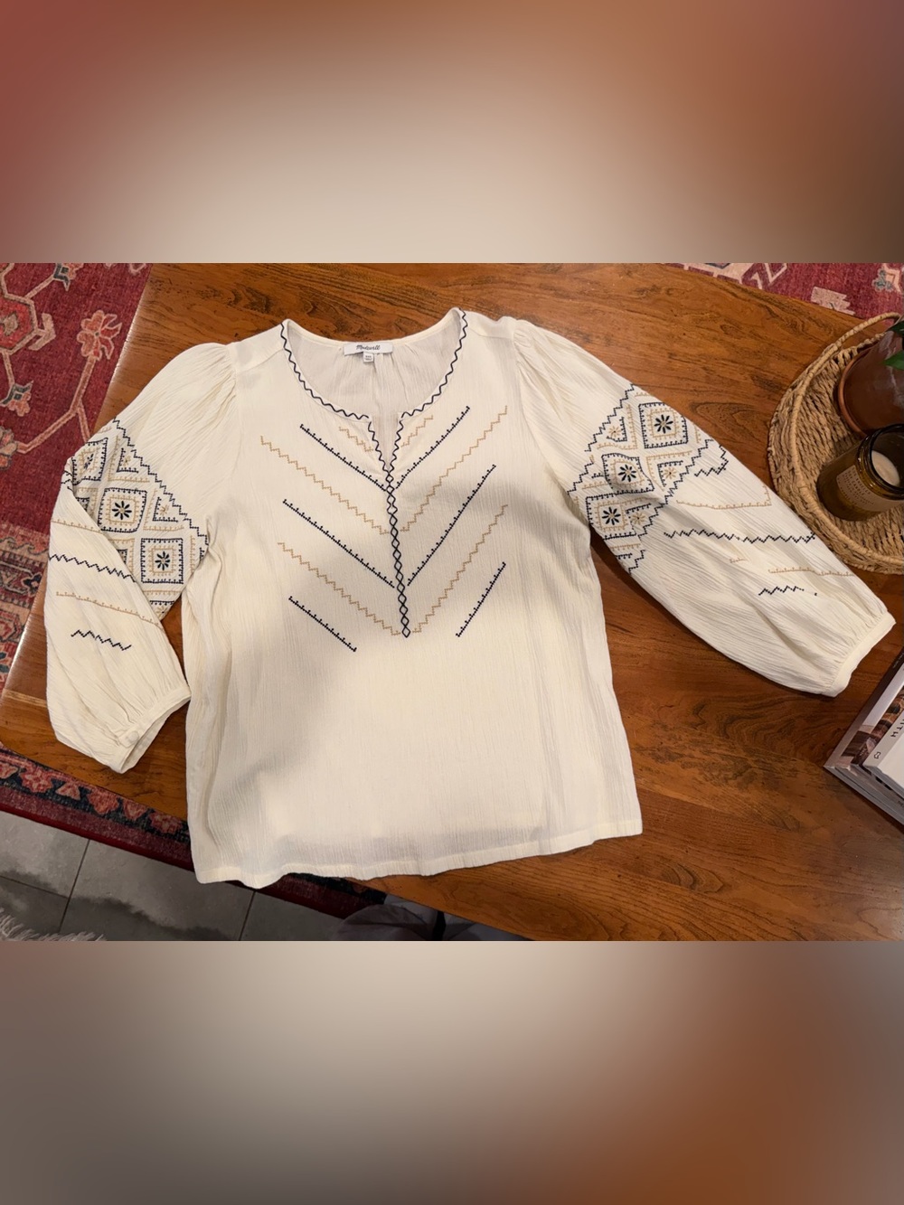 Madewell Bohemian Peasant blouse XXS Embroidered Ivory/Cream/Black/Tan